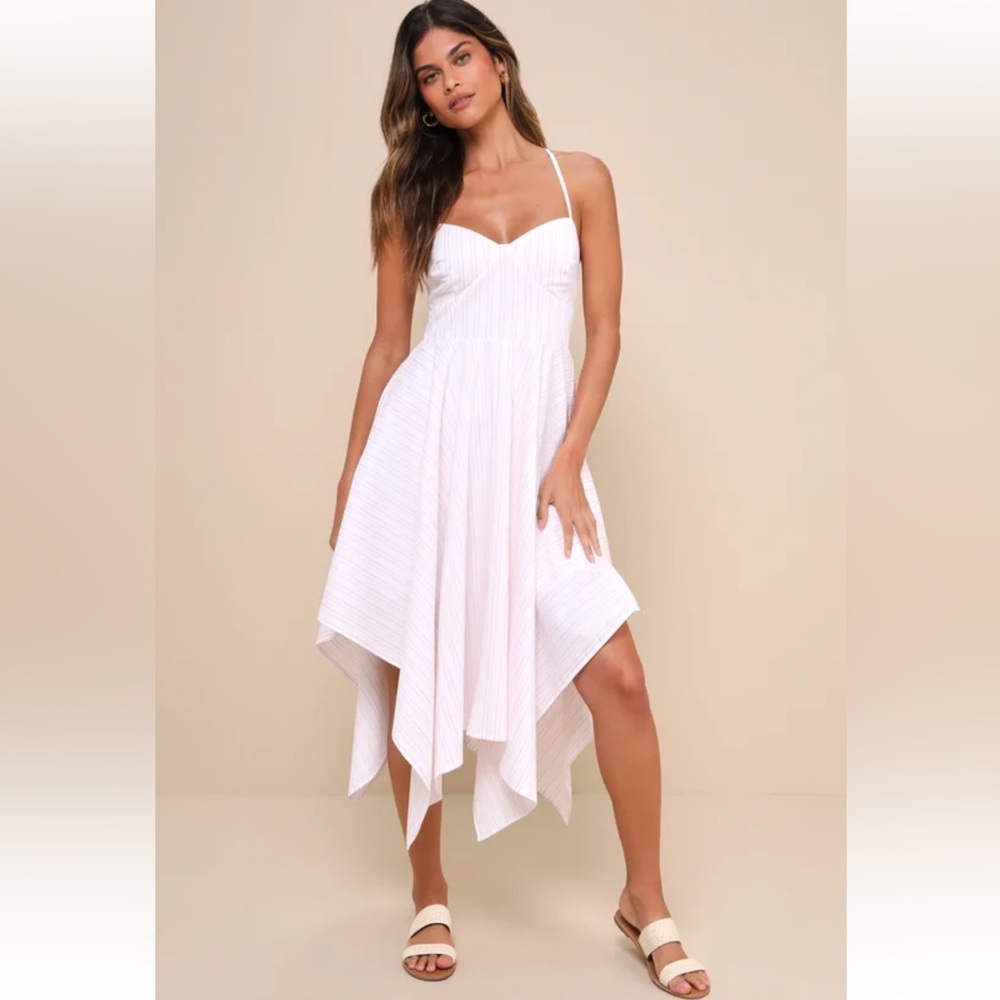 Elegant White and pink stripped Handkerchief Hem Dress